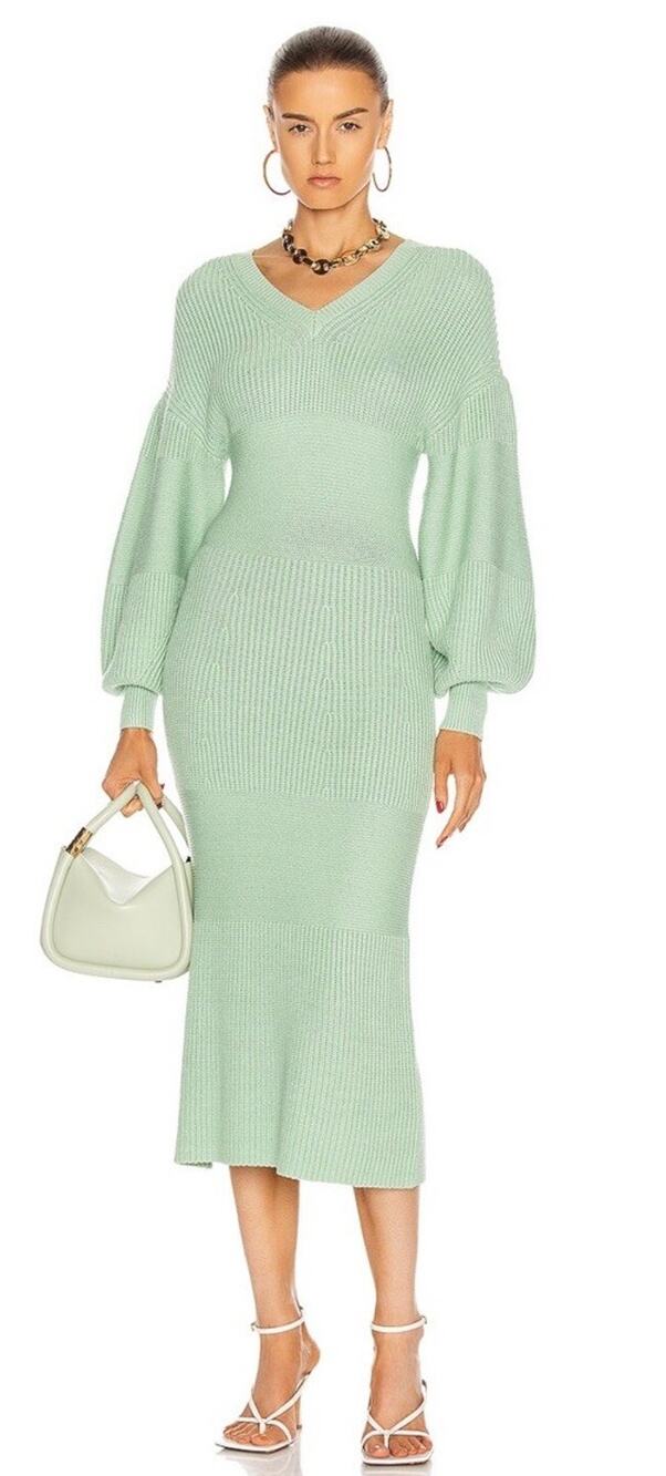 Staud Carnation Sage Green Knit Stretchy Sweater Dress Puff Sleeve Womens Small